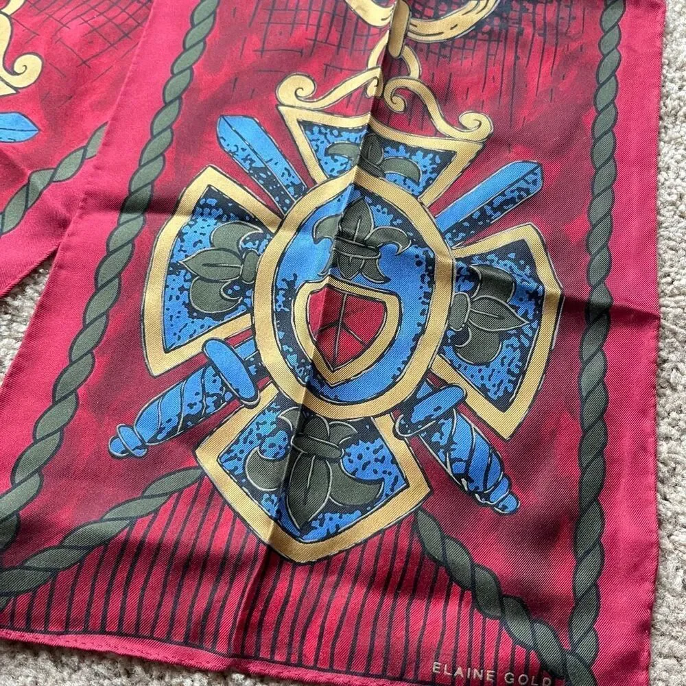 VTG Silk Scarf Elaine Gold Crest Shield Red Gold Equestrian Wrap 50